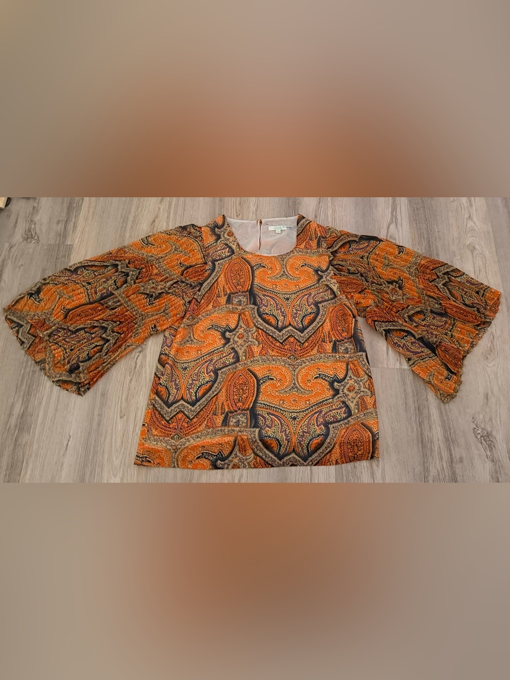 Jade Melody Tam Women's Orange Blue Beige Paisley Print Top Pleated Sleeves M
